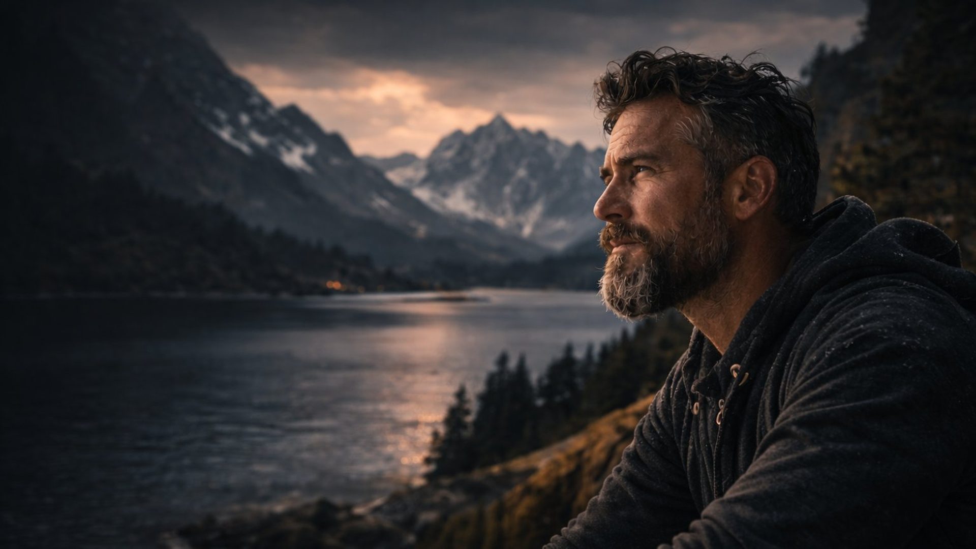 Man overlooking fjord at dusk